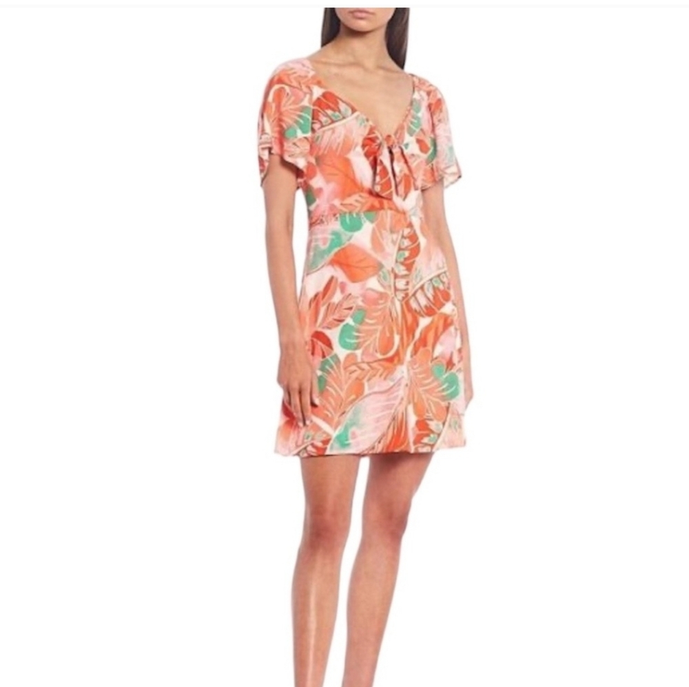 GB Gianni Bini Tropical Flounce Short Sleeve Tie Front Mini Dress NWT Size Large